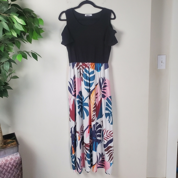 Styleword Cut Shoulder Elegant Black and Multicolor Leaf Print Dress Size Large - Picture 1 of 9